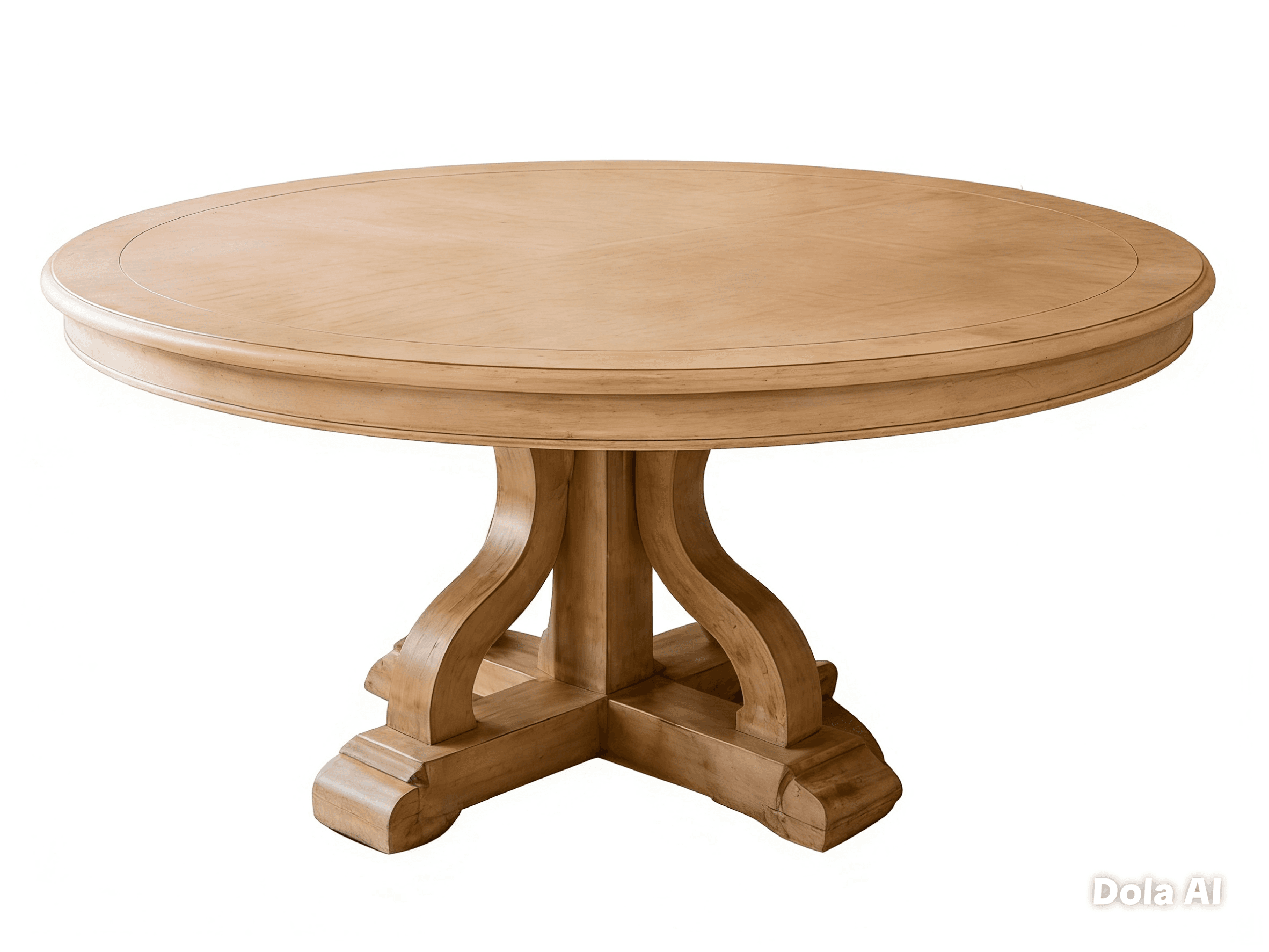 A round, light-colored wooden table featuring a robust, intricately carved pedestal base and a smooth tabletop with a subtle edge detail. — 3D model
