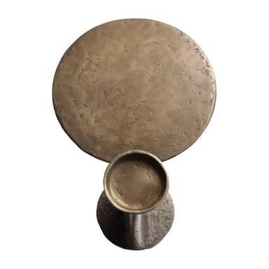 A sculptural accent table made of cast metal with a patinated bronze finish. It features a round base, a central textured column, and two circular tabletop surfaces at different heights, creating a unique two-tier design. — 3D model
