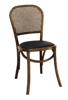 A classic bentwood chair featuring a dark-stained wooden frame, a cane mesh backrest, and an upholstered dark fabric seat. — 3D model