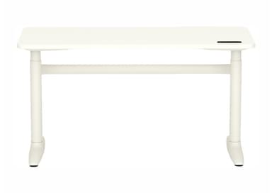 A minimalist, white height-adjustable standing desk featuring a rectangular top with rounded corners, a central pedestal column, and a four-pronged star base. It includes an integrated control panel on the tabletop for electronic height adjustment. — 3D model