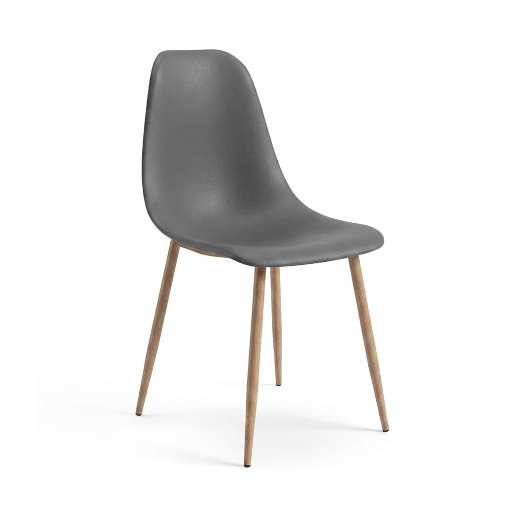 A modern side chair featuring a single-piece molded dark grey plastic seat and back, supported by four light-colored, tapered wooden legs. The design is minimalist with clean lines and a slightly textured finish on the seat shell. — 3D model