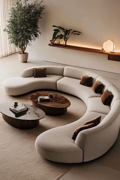 A large, modular, curved sofa with a low profile. The sofa features rounded edges and is upholstered in a textured white fabric. It is composed of several connected sections, forming a crescent shape. Several throw pillows in a contrasting brown color are placed on the seating surface. — 3D model