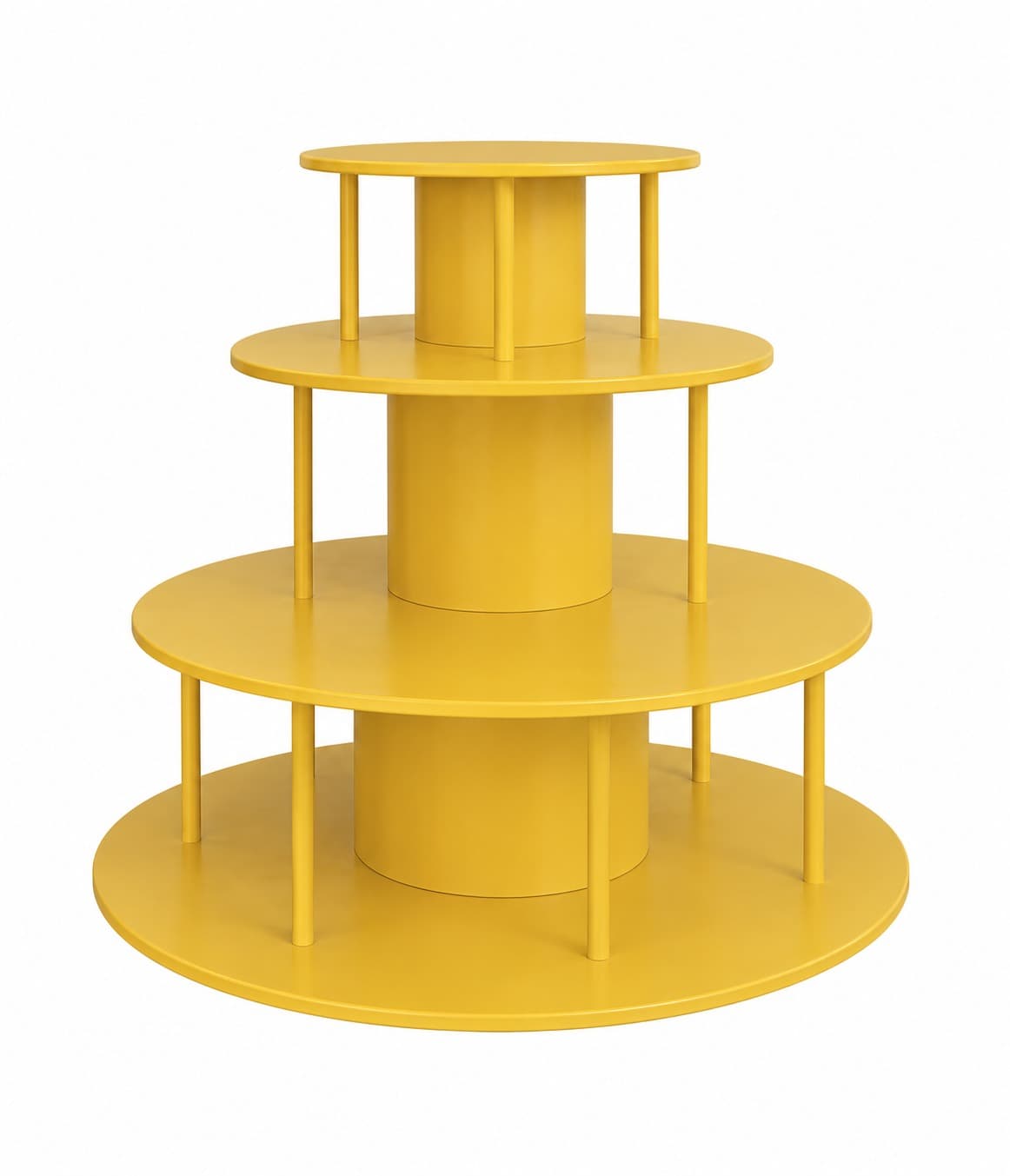 A vibrant yellow three-tier circular display stand featuring a minimalist design. Each circular shelf is supported by a central cylindrical column and multiple thin vertical rods, creating a clean and functional presentation unit. — 3D model