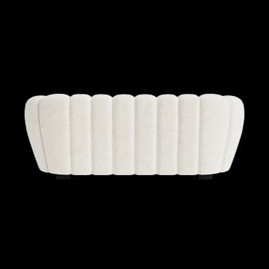 A plush, cream-colored sofa with a channel-tufted design. The sofa features rounded armrests and a continuous backrest, all upholstered in a textured fabric. It appears to be a three-seater or larger. — 3D model