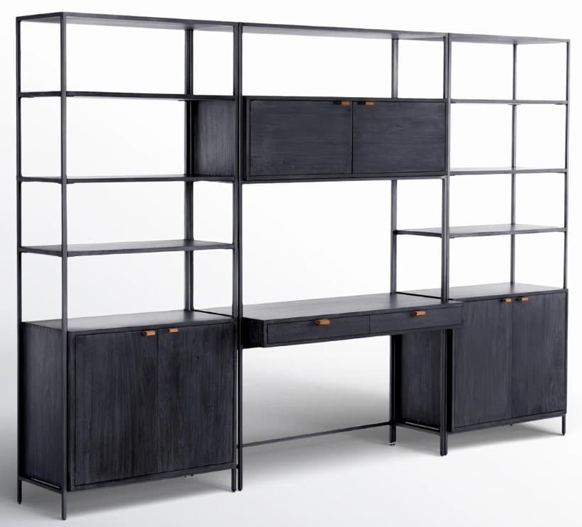 A modular bookcase system with an integrated desk. The unit features a dark, distressed wood finish on the cabinet doors and drawer fronts, contrasted with a dark metal frame. It includes multiple open shelving tiers, two cabinets with wooden doors, a section with two drawers for a desk, and additional closed cabinet storage at the base. The handles on the cabinets and drawers appear to be made of a light brown leather or wood. — 3D model