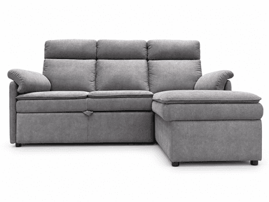 A contemporary gray upholstered sectional sofa featuring a chaise lounge extension with integrated storage. The sofa boasts plush, segmented back cushions, rolled armrests, and practical storage pockets on the side of the armrest. Its design suggests a focus on comfort and functionality. — 3D model