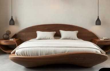 A contemporary platform bed featuring a low-profile design and an organic aesthetic. The bed frame is constructed from dark-stained wood, likely walnut, with smoothly curved edges and a fluid, sculptural form. It includes an integrated, broadly arched headboard that seamlessly merges with two attached floating nightstands on either side. The bed is adorned with light-colored, textured bedding and two small throw pillows, complementing the dark wood finish. — 3D model