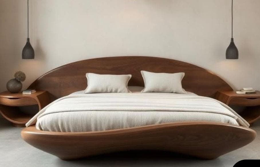 A contemporary platform bed featuring a low-profile design and an organic aesthetic. The bed frame is constructed from dark-stained wood, likely walnut, with smoothly curved edges and a fluid, sculptural form. It includes an integrated, broadly arched headboard that seamlessly merges with two attached floating nightstands on either side. The bed is adorned with light-colored, textured bedding and two small throw pillows, complementing the dark wood finish. — 3D model