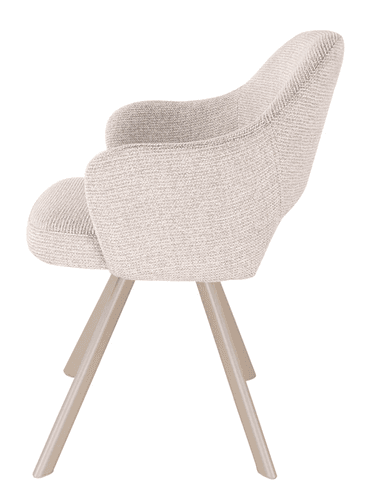 A contemporary armchair with a seamless, enveloping tub-style design. The chair features a continuous upholstered seat, backrest, and integrated armrests. It is covered in a light, textured woven fabric, exhibiting a subtle two-tone pattern. The base consists of four slender, angled metal legs finished in a matte light taupe or tan color, splaying outwards from a central point beneath the seat. The overall aesthetic is minimalist and modern. — 3D model