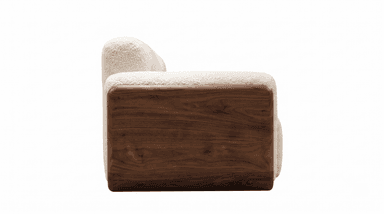 A contemporary modular sectional sofa featuring cream-colored boucle upholstery on plush seating and backrests, accented by dark walnut wood frames with rounded edges. The sofa includes an integrated wooden console table between two seating modules, offering both surface space and a lower storage compartment. — 3D model