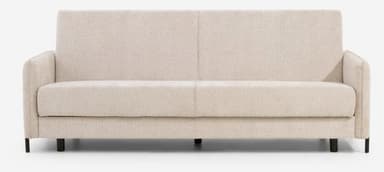 A modern and minimalist sofa bed featuring light beige fabric upholstery, clean lines, and a low-profile design. It is equipped with two separate seat cushions and two back cushions, resting on short, dark, cylindrical metal legs. The track arms are slender, contributing to its compact and versatile aesthetic, suitable for various contemporary interior settings. — 3D model