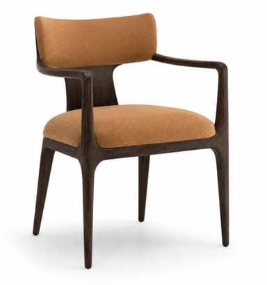 An upholstered dining armchair featuring a dark wood frame with integrated curved armrests and tapered legs. Both the seat and backrest are padded and covered in a warm orange-brown textured fabric. — 3D model