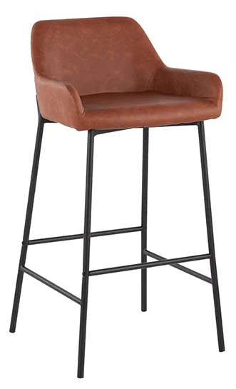 A bar stool with a brown, faux leather upholstered seat and backrest, featuring integrated armrests. The stool is supported by a black metal base with four legs connected by horizontal supports for added stability and footrests. — 3D model