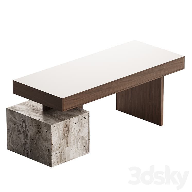 A modern desk with a rectangular white tabletop supported by a dark wood frame. The frame extends downwards to form legs. One end of the desk is supported by a substantial block of stone with visible veining, creating an asymmetrical design. — 3D model