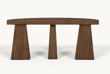 A semi-circular console table with a solid wooden top and three trapezoidal legs. The wood grain is prominent on the surface, suggesting a natural finish. The design is minimalist and geometric. — 3D model