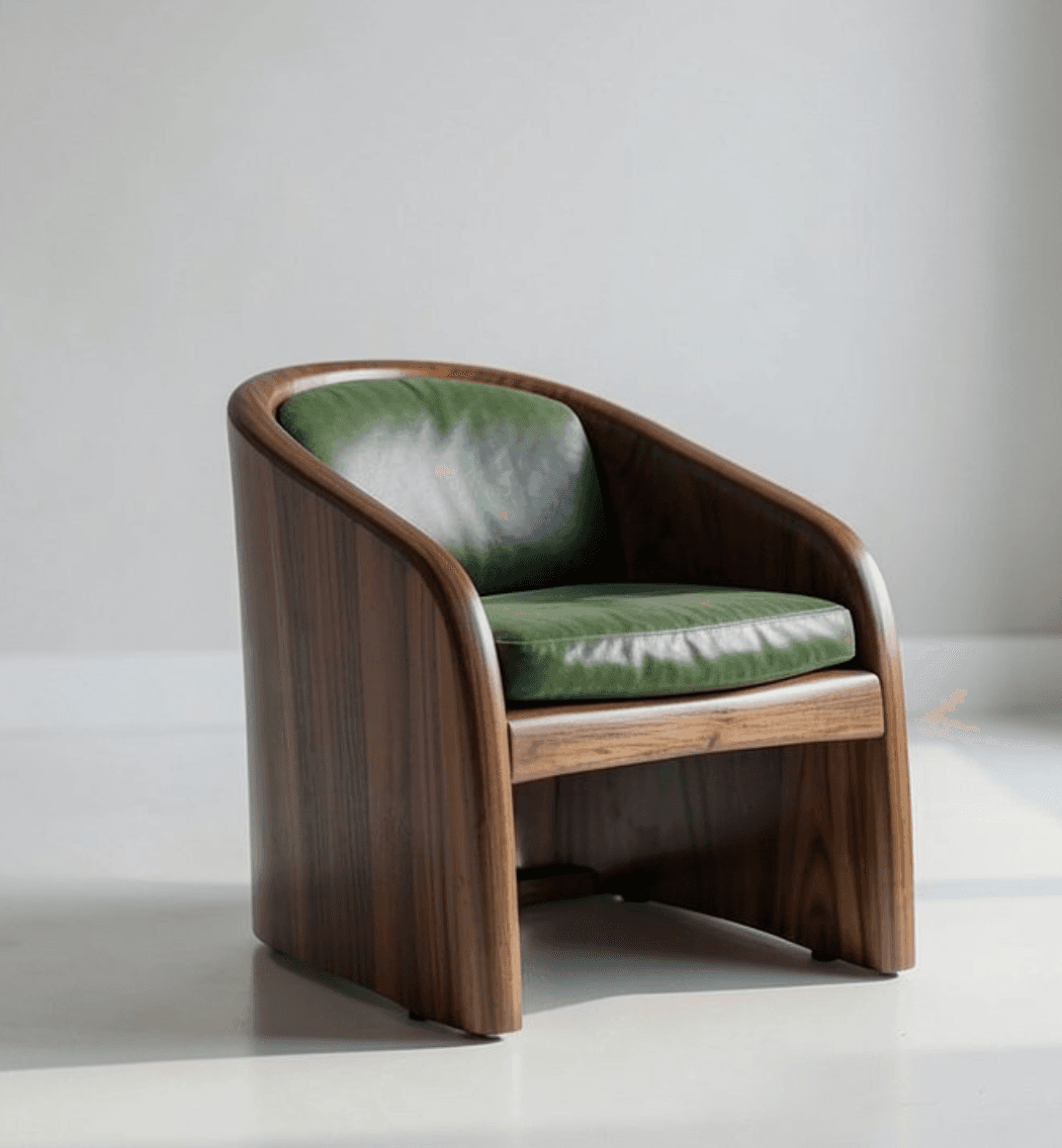 A contemporary armchair with a distinctive curved wooden frame and green leather upholstery. The armchair features a bucket-style seat and backrest with integrated armrests formed by the continuation of the wooden structure. The wood exhibits a rich grain pattern, suggesting a high-quality material like walnut. — 3D model