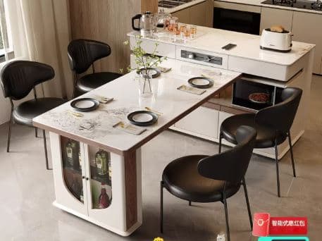 A modern kitchen island with a marble-patterned countertop that extends to form a dining table. The island incorporates storage cabinets, a built-in microwave, and features a smooth, sleek design. The extending table section has two place settings, suggesting it's designed for dining or serving. One section of the island features glass-fronted cabinets displaying bottles. — 3D model