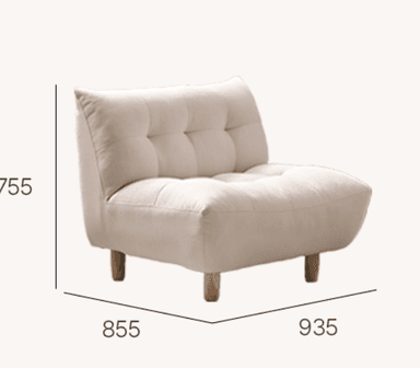 A modern armless lounge chair upholstered in a light beige fabric, featuring a tufted backrest and short, tapered wooden legs. — 3D model