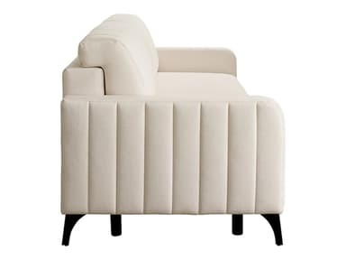 A cream-colored sofa with a fluted design on the backrests, headrests, and armrests. The sofa features a tufted headrest and sits on four black tapered legs. — 3D model