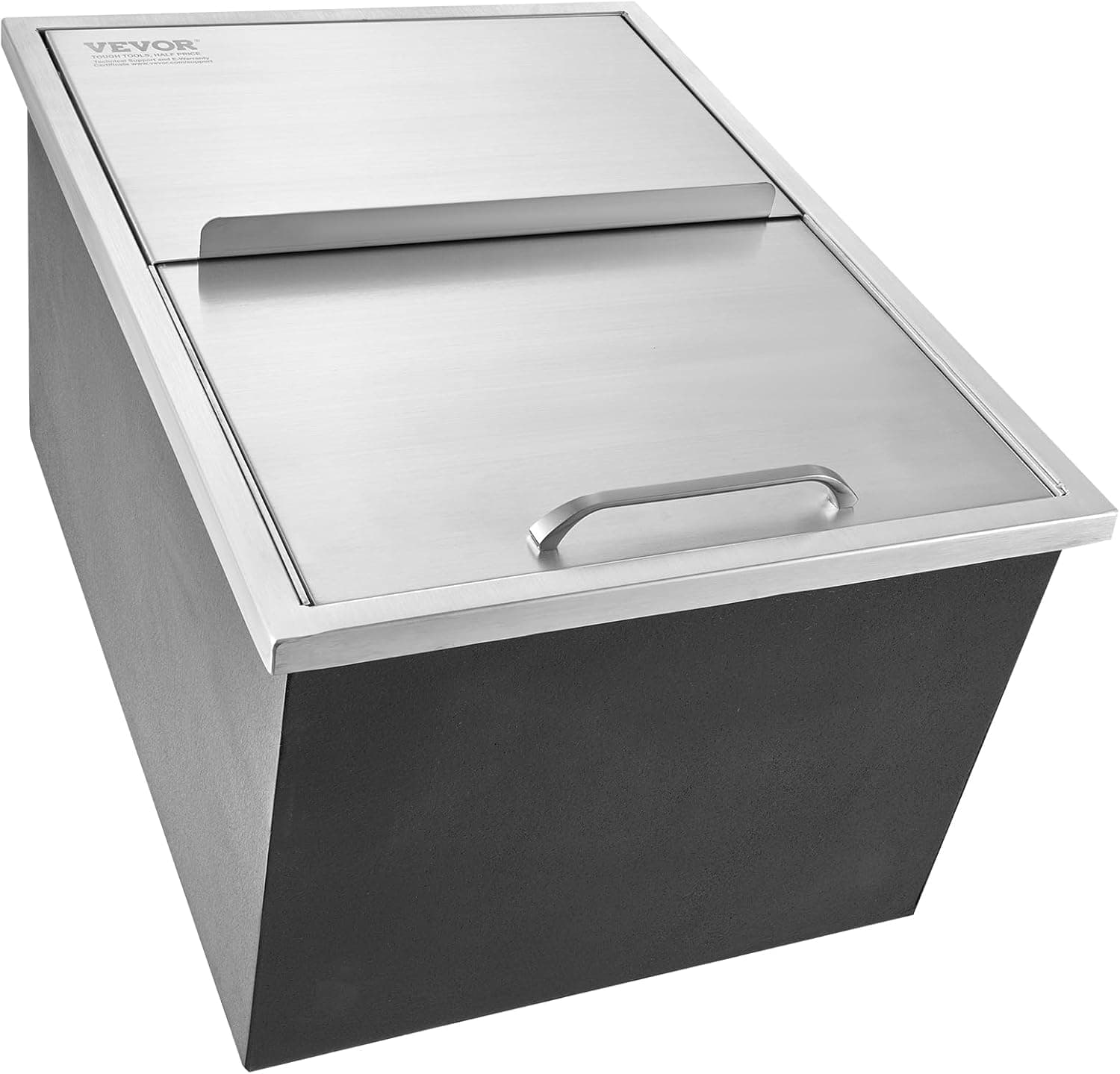 This is a built-in ice chest designed for outdoor kitchens or bars. It features a stainless steel lid with a handle and a brushed finish, and a dark-colored, possibly composite or coated metal, base. The lid is hinged and designed to slide under itself or reveal an opening for access to the interior, which is presumably insulated for keeping ice or drinks cold. The design suggests it is intended to be integrated into a countertop or cabinetry. — 3D model