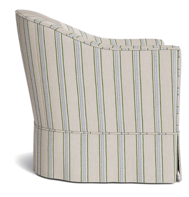 An upholstered armchair featuring a barrel back design, track arms, a loose seat cushion, and a tailored fabric skirt concealing the base. The fabric features a pattern of vertical stripes in cream, muted green, and light blue. — 3D model