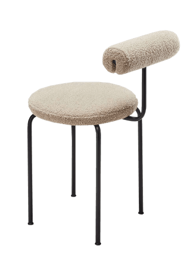 A contemporary low seating unit featuring a round, upholstered seat and a small cylindrical backrest, both covered in a textured cream boucle fabric, supported by a slender black tubular metal frame. — 3D model