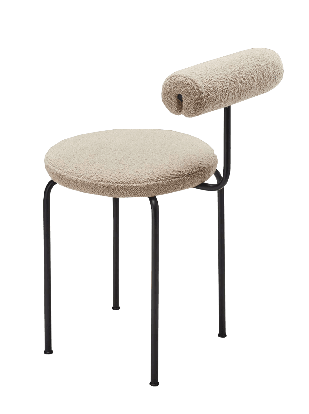 A contemporary low seating unit featuring a round, upholstered seat and a small cylindrical backrest, both covered in a textured cream boucle fabric, supported by a slender black tubular metal frame. — 3D model