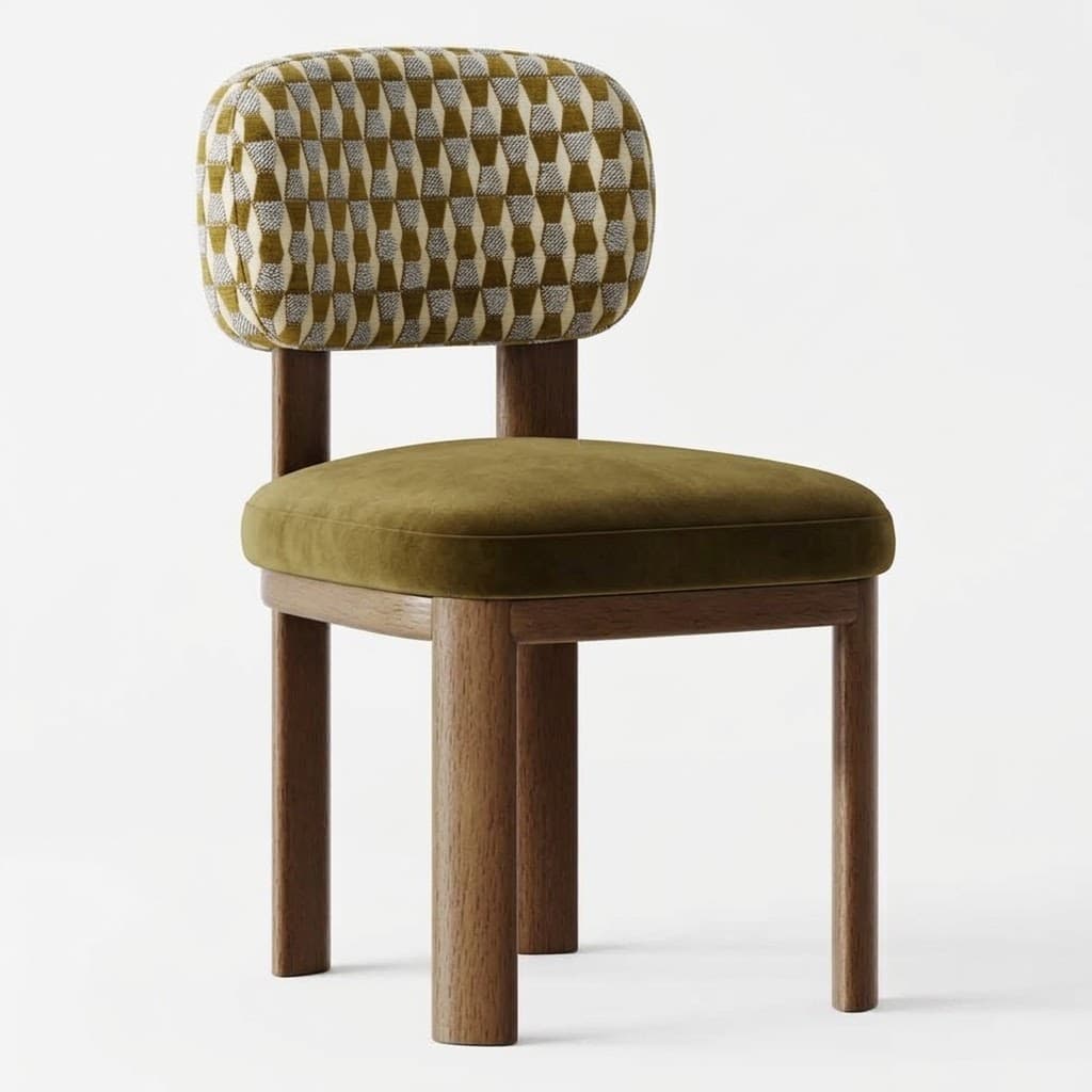An upholstered armless chair with a modern aesthetic, featuring a robust wooden frame, a plush olive green velvet seat, and a distinctive geometric patterned backrest. The chair stands on four thick, cylindrical wooden legs, and the backrest has a softly rounded form. — 3D model
