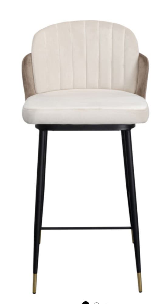 A contemporary upholstered bar stool featuring a channel-tufted backrest and seat cushion in two-tone velvet, supported by tapered black metal legs with brass-finished tips. — 3D model