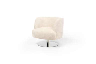 A swivel armchair with a rounded, upholstered shell and a polished metal circular base. The upholstery has a textured, boucle-like appearance. The chair is viewed from the side. — 3D model