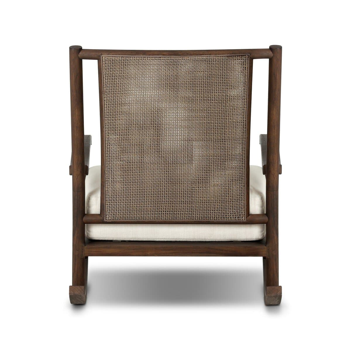 A dark wooden lounge chair featuring a woven cane backrest and a cream-colored upholstered seat cushion. The chair has a minimalist design with clean lines and a rectangular frame. The armrests are integrated into the side frame, and the legs are solid blocks of wood. — 3D model