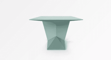 A modern desk with a striking, geometric design. The desk features a thin, cantilevered tabletop that appears to float, supported by a single, angular leg structure. The leg is constructed from folded planes creating a dynamic, sculptural form. There is a small, circular opening on the tabletop, possibly for cable management. — 3D model
