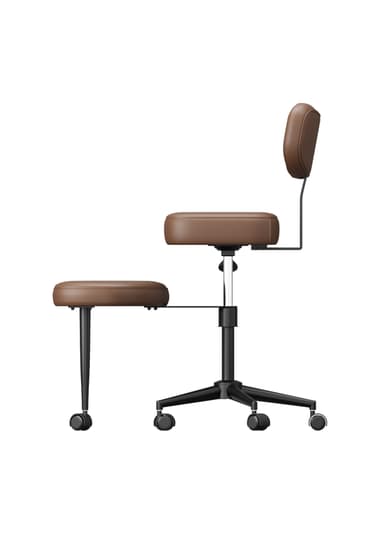 An ergonomic kneeling office chair featuring brown faux leather upholstery, a separate padded knee/shin rest, and a curved backrest. It is equipped with a height-adjustable gas lift and five-star wheeled base for mobility. — 3D model