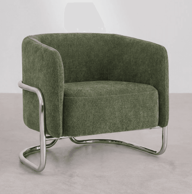 A contemporary lounge chair featuring a deep green upholstered seat and back, supported by a distinctive tubular chrome frame. — 3D model