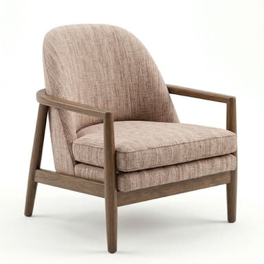 A contemporary lounge chair featuring an exposed dark wood frame and upholstered cushions. The frame has a sleek, sculptural quality with rounded edges and tapered legs. The backrest is gently curved, and the armrests seamlessly connect to the back and front legs. The upholstery is a textured light brown or taupe fabric, covering the seat and back cushions which appear to be removable. — 3D model