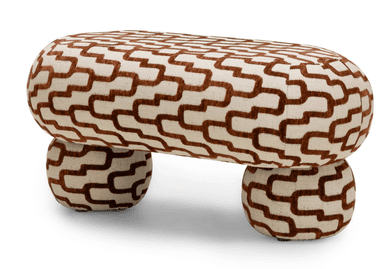 A mushroom-shaped upholstered ottoman featuring a repeating geometric pattern in brown against an off-white background. The ottoman consists of a wider, rounded top resembling a mushroom cap, and a narrower, cylindrical base resembling a stem, both fully upholstered in the same patterned fabric. — 3D model