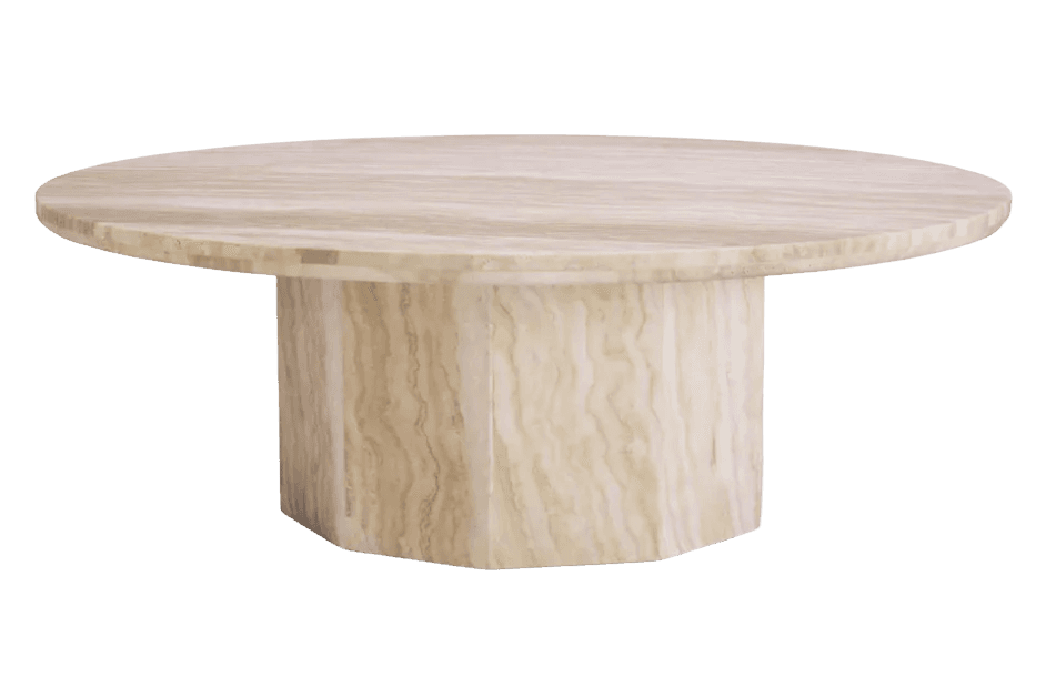 A round coffee table with a thick, beveled edge top and a substantial, faceted pedestal base. The material exhibits prominent veining characteristic of travertine or a similar natural stone. — 3D model