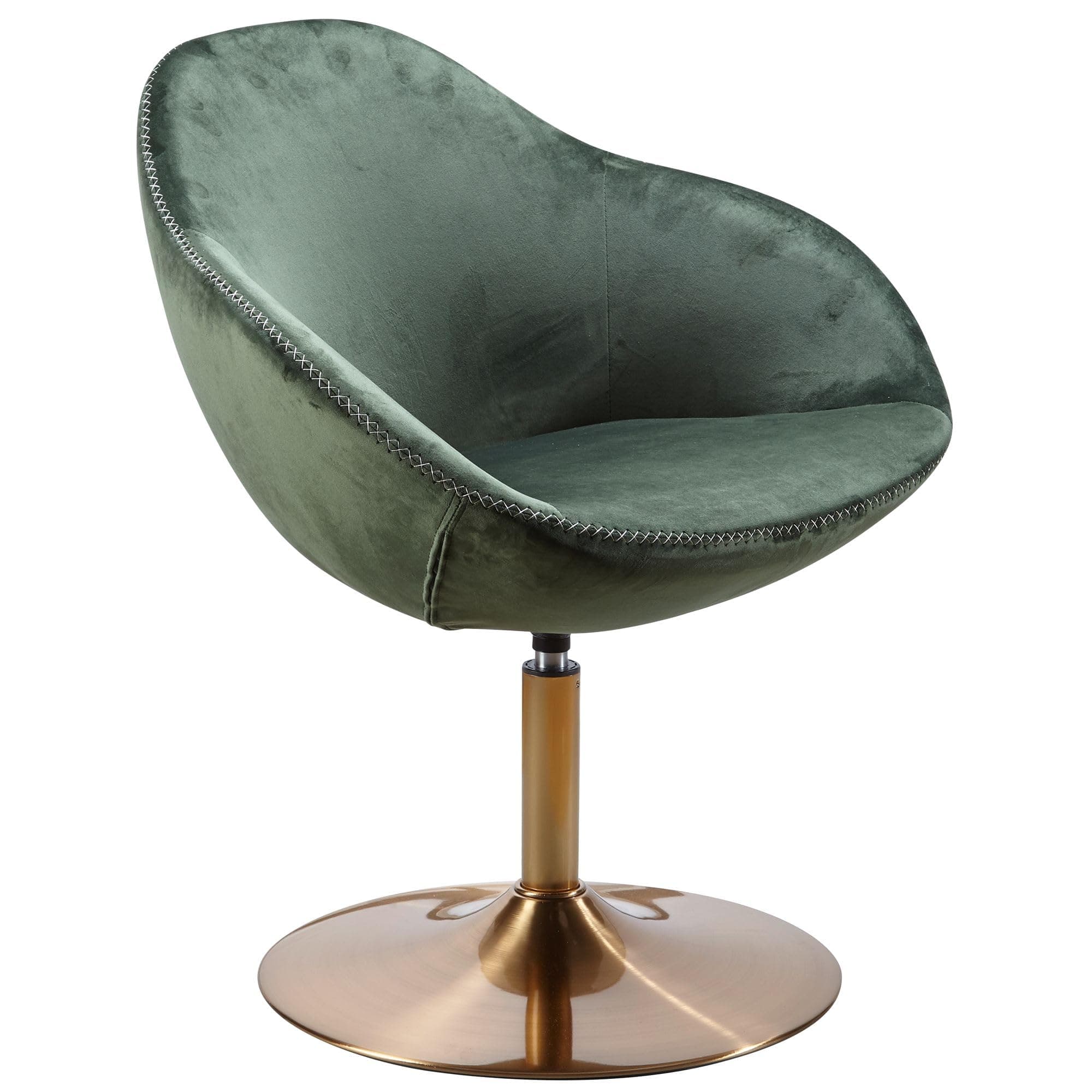 A contemporary green velvet lounge chair featuring a distinctive bucket-style seat and a circular golden-finished pedestal base. The chair's plush velvet upholstery is a deep sage green, and it is accented with exposed, cross-stitch detailing along the seams of the seat and backrest. The chair includes a swivel mechanism integrated into its polished metal pedestal. The design combines comfort with a modern aesthetic, suitable for various interior settings. — 3D model