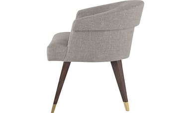An armchair with a curved backrest and a fabric upholstery. The chair has four tapered wooden legs with brass-colored ferrules at the base of each leg. — 3D model
