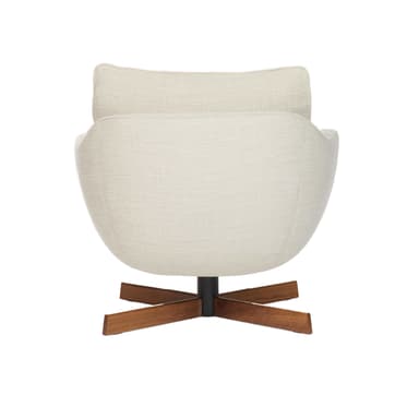 A modern upholstered swivel lounge armchair with a splayed wooden base. — 3D model