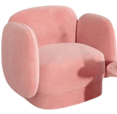 A plush, pink armchair with a rounded, organic design. The armchair features a high, enveloping backrest and armrests that flow seamlessly into the seat base. The upholstery appears to be a soft, textured fabric, possibly velvet or a similar plush material. The overall form is soft and inviting, with curved lines and a lack of sharp edges. — 3D model