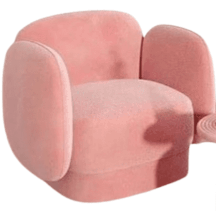A plush, pink armchair with a rounded, organic design. The armchair features a high, enveloping backrest and armrests that flow seamlessly into the seat base. The upholstery appears to be a soft, textured fabric, possibly velvet or a similar plush material. The overall form is soft and inviting, with curved lines and a lack of sharp edges. — 3D model
