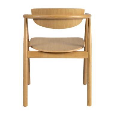 A light-colored wooden armchair with a curved backrest and armrests. The seat is a circular wooden panel. The legs are cylindrical and taper slightly towards the floor. The construction appears to be solid wood with visible grain patterns. The overall design is minimalist and contemporary. — 3D model