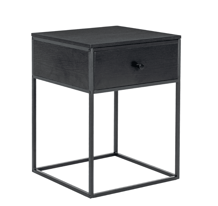 A square nightstand featuring a single drawer and an open, square-profile metal base. The top surface and drawer front are finished in a dark, wood-grain laminate, likely engineered wood, with a matte black appearance. The frame is constructed from black powder-coated metal tubing, forming a minimalist, geometric silhouette. A simple round black knob adorns the center of the drawer. — 3D model
