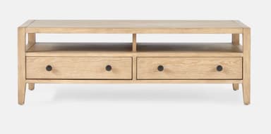 A light-colored wooden coffee table with a rectangular top and an open lower shelf. It features three drawers with dark, circular knobs. The overall design is minimalist with clean lines and tapered legs. — 3D model