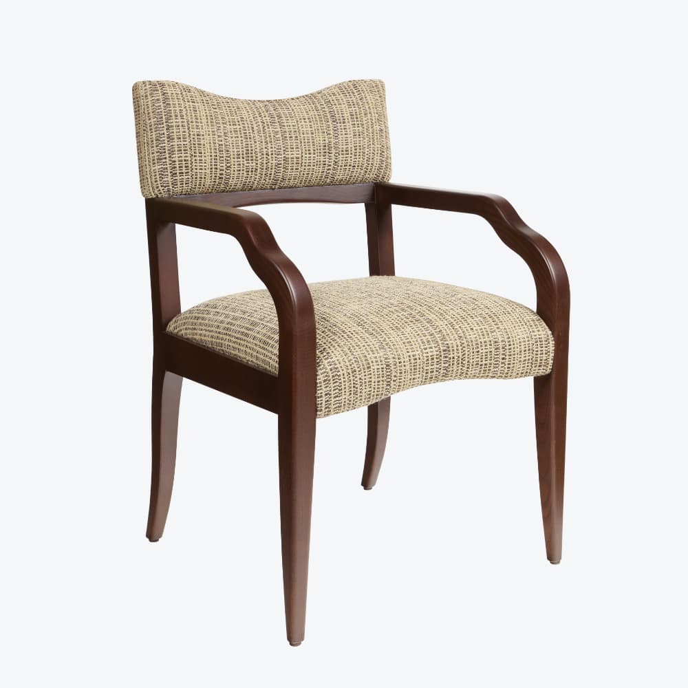 An armchair with a wooden frame and upholstered seat and back. The wooden frame has a dark brown finish and features curved armrests and tapered legs. The upholstery is a woven fabric in a neutral color palette with a textured appearance. — 3D model