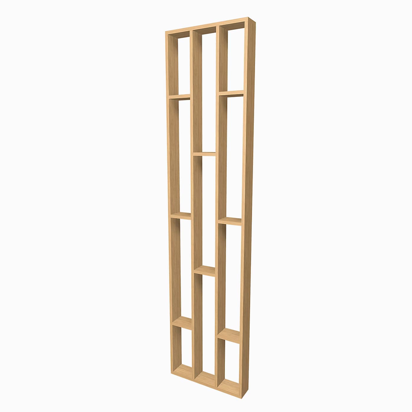 A tall, narrow wooden shelving unit featuring a series of interconnected rectangular and square compartments of various sizes, forming an open-back structure. The light-colored wood has a visible grain, suggesting a modern and minimalist design. — 3D model