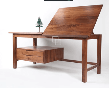 A modern solid wood drafting desk featuring an adjustable, tilting work surface on one side and a fixed flat surface on the other, integrated with a two-drawer storage unit. The desk is constructed from rich brown wood with visible grain. — 3D model