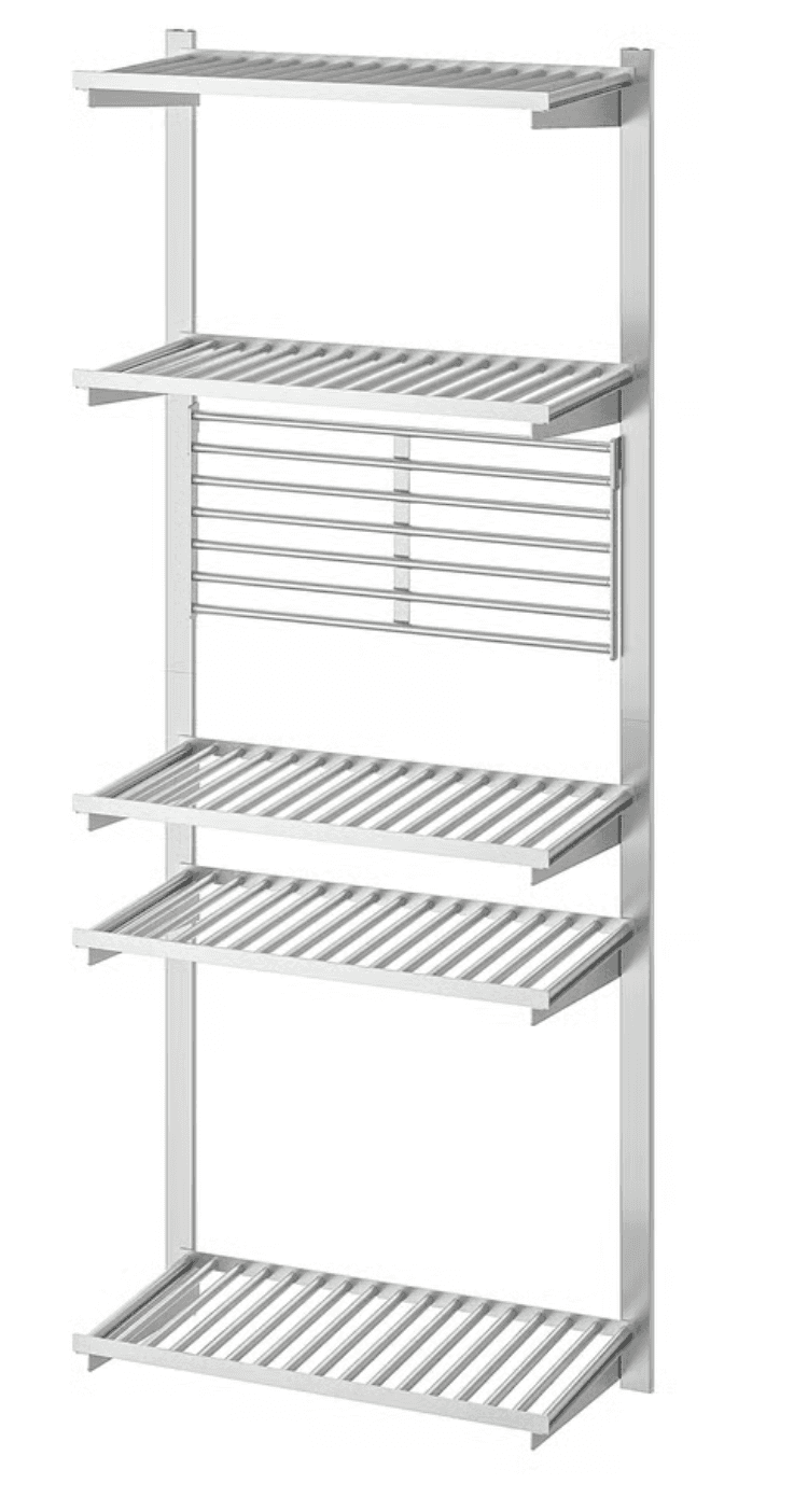 A tall, wall-mounted shelving system featuring multiple slatted metal shelves and an integrated section with horizontal hanging rods. The unit consists of two vertical uprights, to which the shelves and hanging element are attached. The entire structure appears to be made of light-colored metal, likely powder-coated steel, presenting a minimalist and functional design. — 3D model