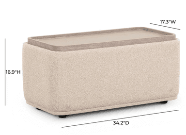 A rectangular upholstered ottoman featuring gently rounded corners and a soft, textured fabric top and frame. The sides are adorned with recessed panels showcasing a light-colored wood grain finish, creating a contrast in texture and material. — 3D model